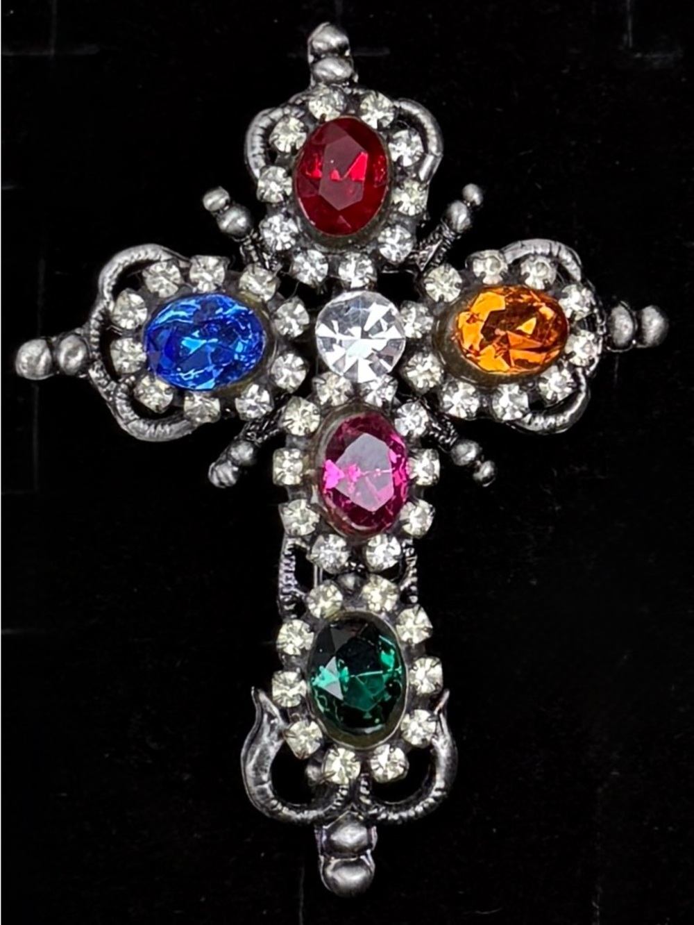 Vintage Best Multicolor Rhinestone Cross Brooch Gunmetal Silver Tone